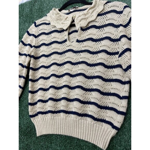 Vintage RK Knits Youth Sweater Girl Size 14  Knitted Striped Blue Beige Stretch - Picture 2 of 13